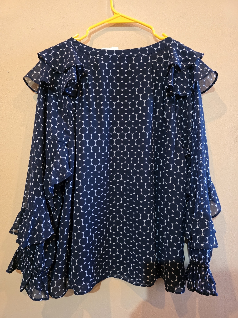 Nautica Women Navy Geometric Ruffle Sleeve Blouse Size L - Picture 2 of 16